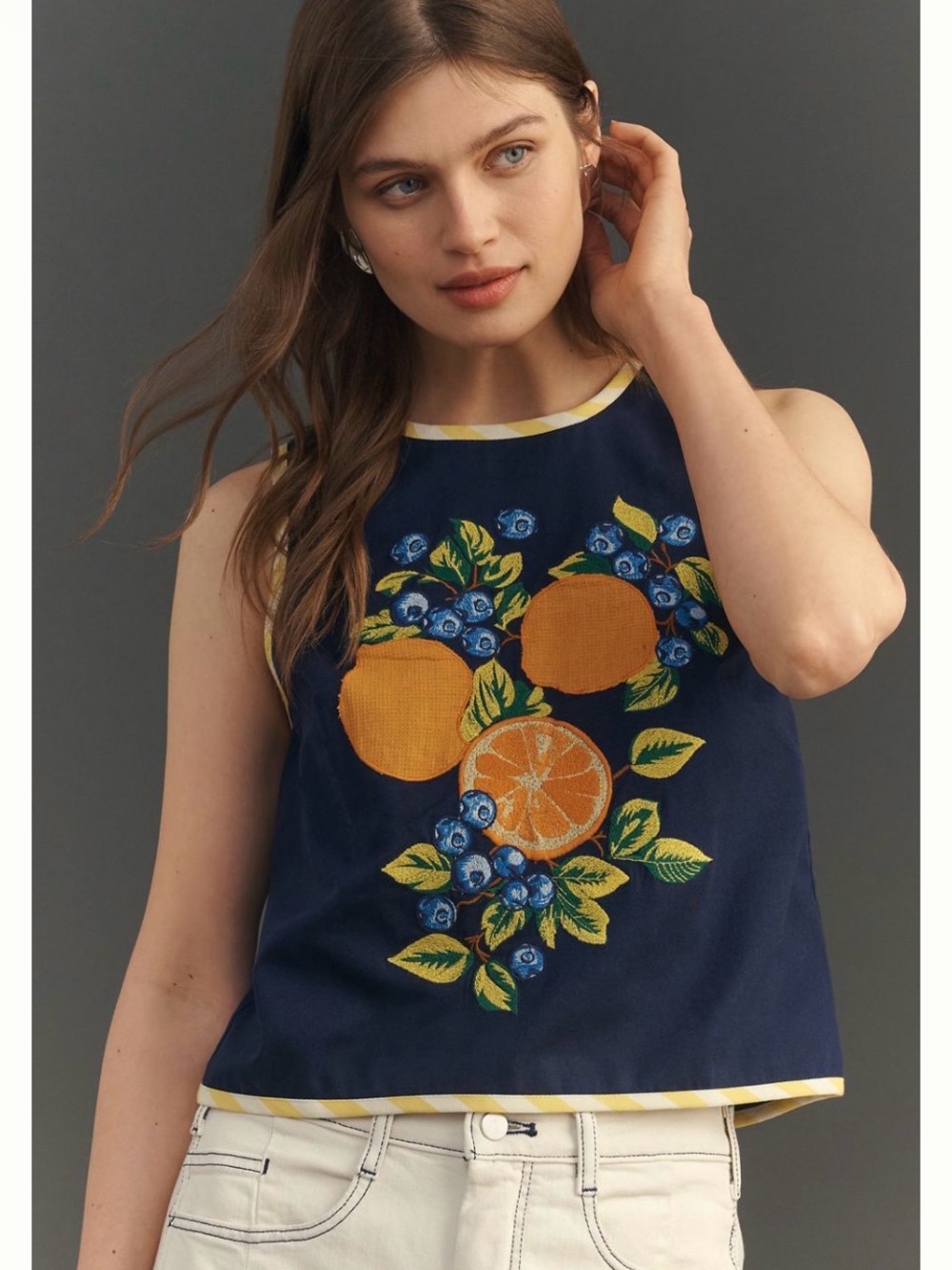 Maeve Navy Tank with Orange & Yellow Fruit Embroidery - Picture 1 of 6